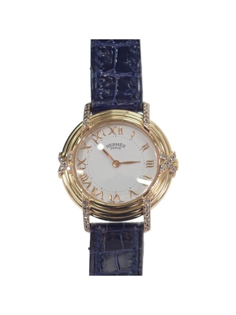 Hermes Ruban Lug Bezel Diamond Watch Yellow Gold Pink Navy Quartz White Dial